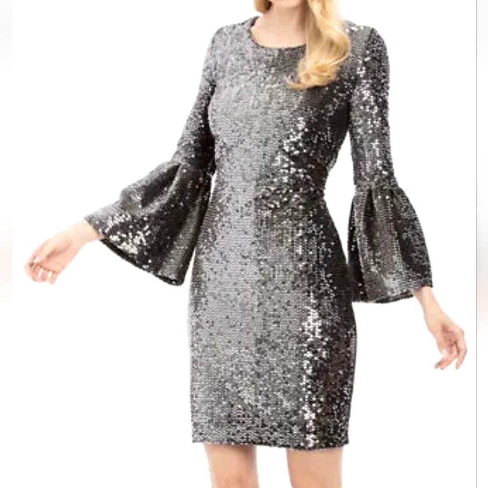 Nicole Miller Gunmetal Silver Sequin Bell Sleeve Cocktail Dress Size 2